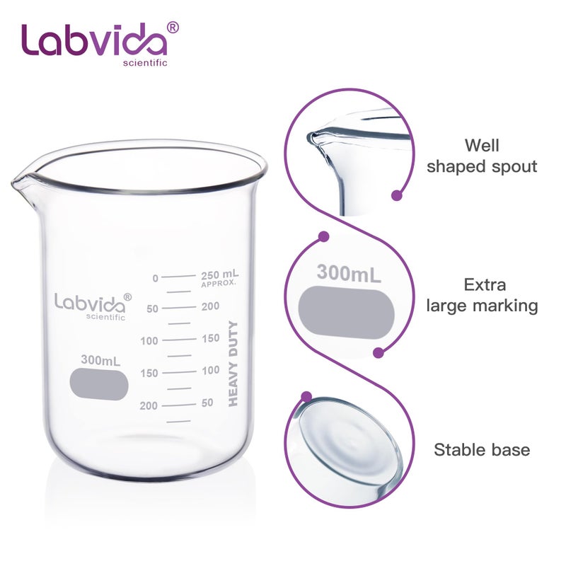 Labvida 12pcs 300ml Upgrated Thick Glass Beakers, Griffin Low Form Beaker Set with Double Scale, 3.3 Boro, LVA011 - Image 3